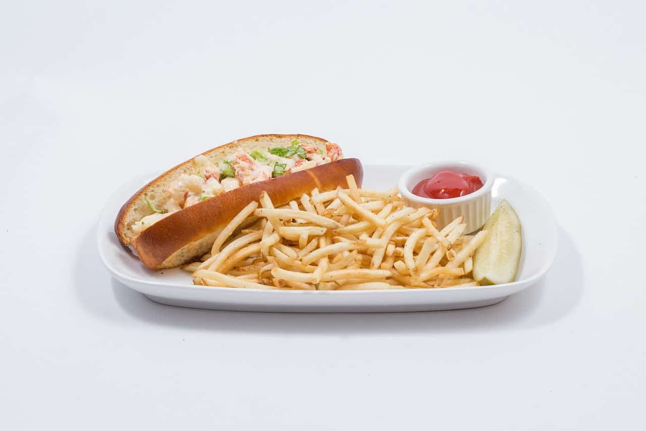 lobster roll on plate with french fries in NYC
