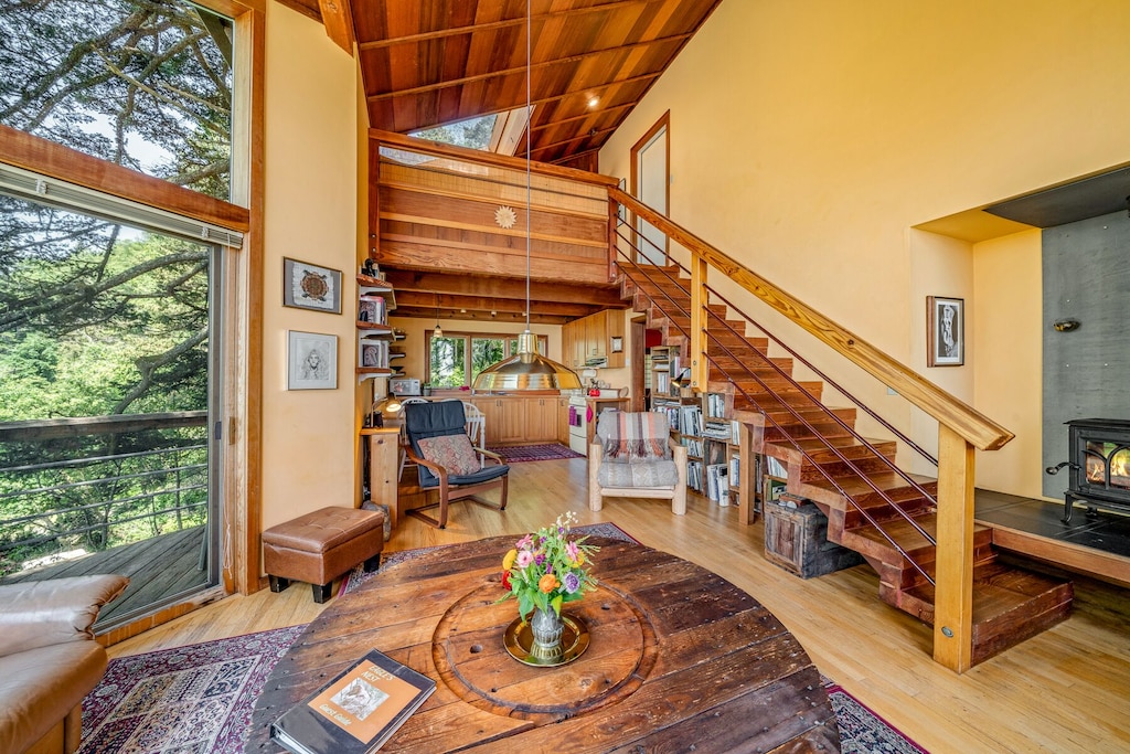 view of the wood stairs and forest view of the eagles nest cabin