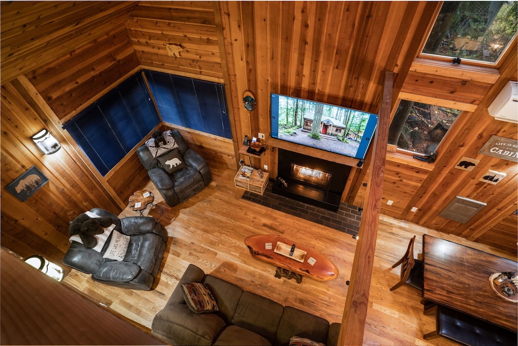 view of the warm wood living room of the mt hood cabin