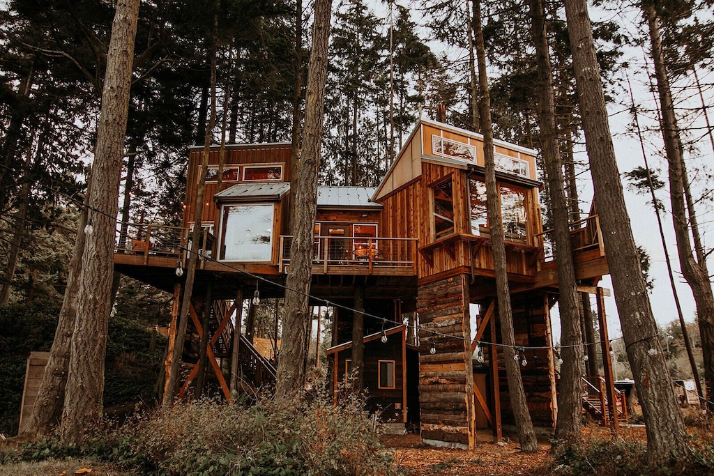 view of the cute rugged exterior of the treehouse at twilight beach. 