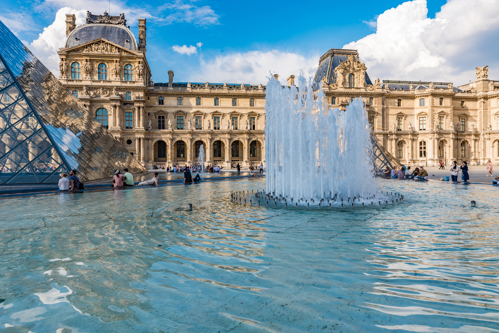 The Louvre Museum with the fountain. The article is about the best time to visit France.  
