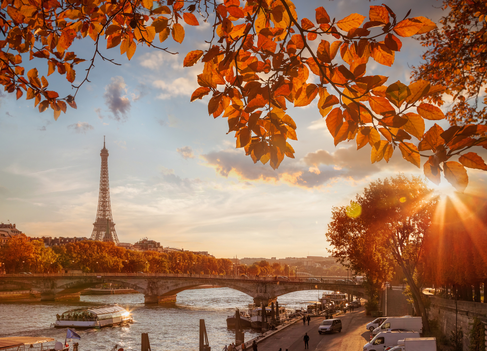 Paris with Eiffel Tower against autumn leaves in France. Fall is one of the best times to Paris. 