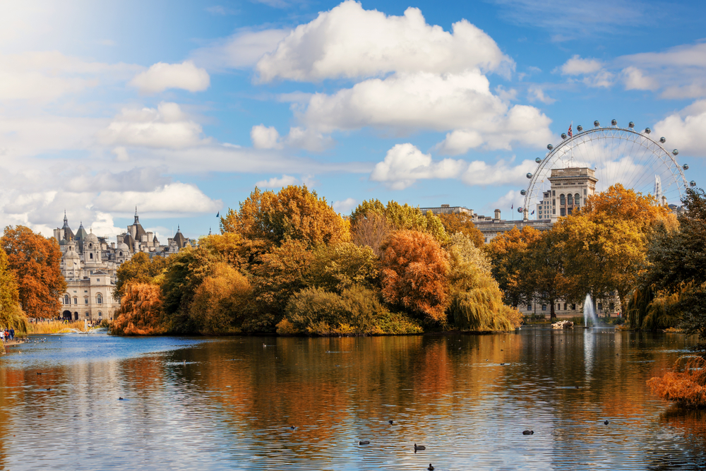 Colorful fall day in St. James park in London. You can see the lake with buildings in the background. 