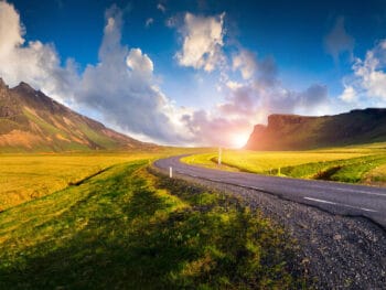 stunning sunset on the road while driving in iceland