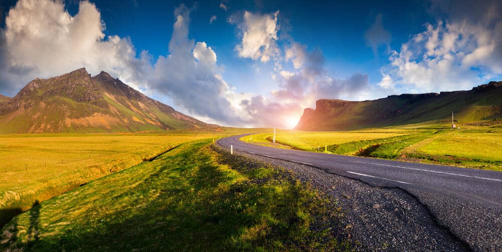 stunning sunset on the road while driving in iceland