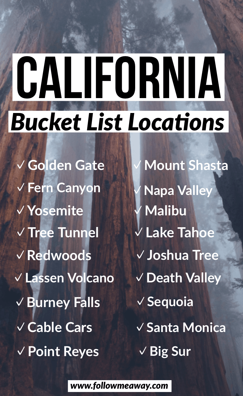 A list of California Bucket List Locations over a photo of foggy redwood trees.