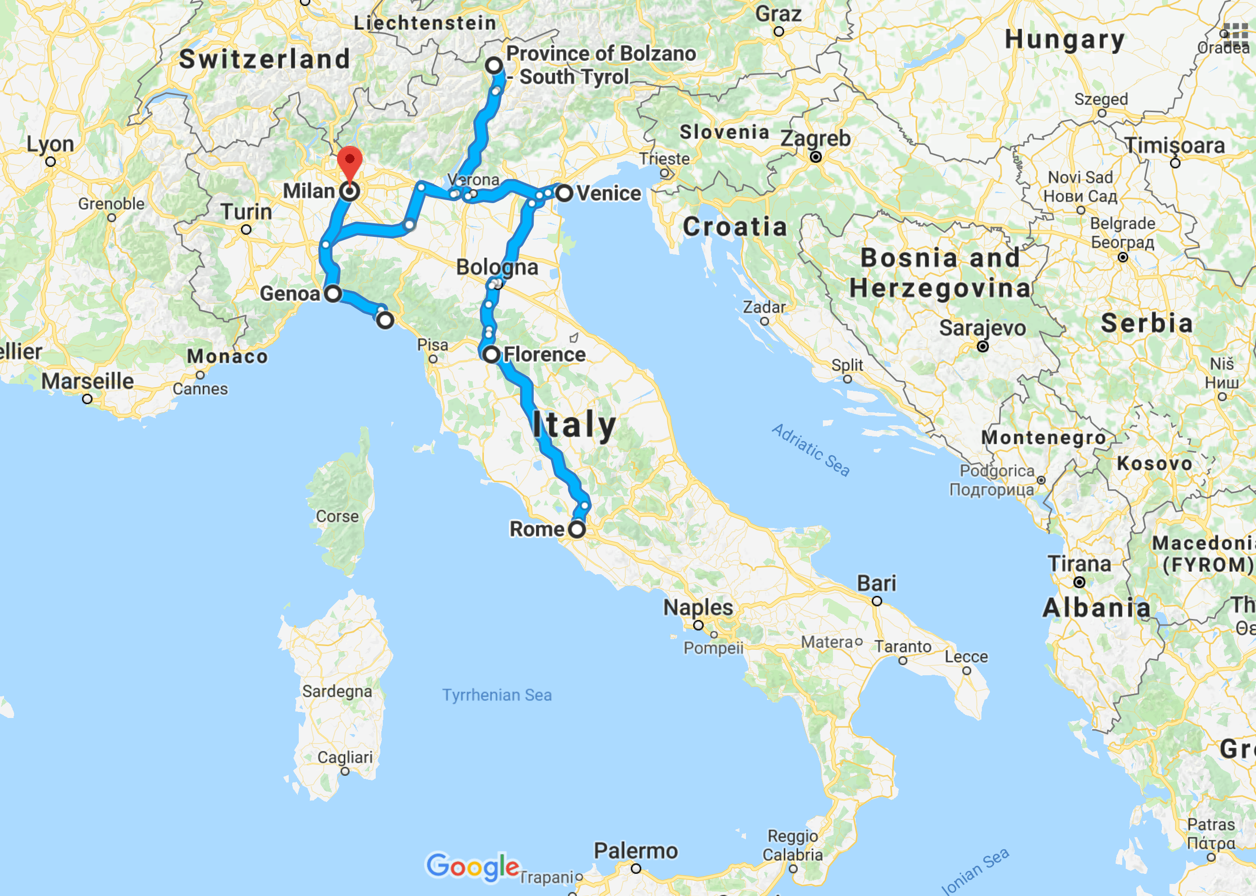 Google Maps screenshot of Italy showing the itinerary route.