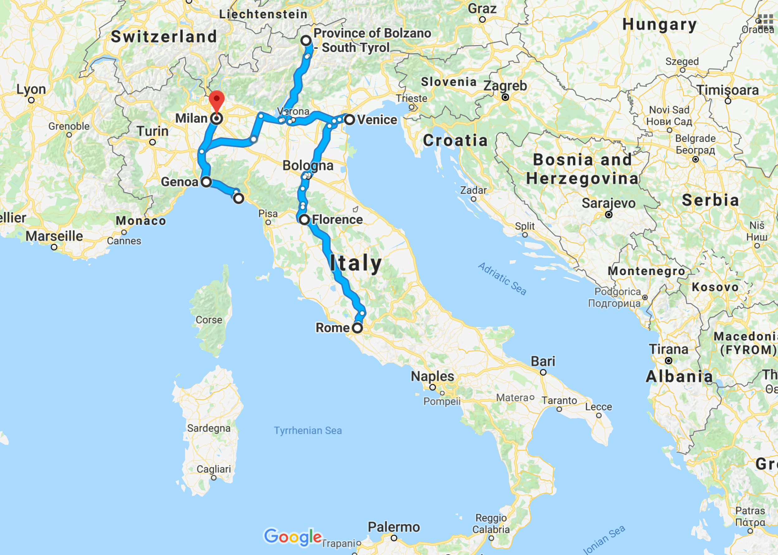 best travel route for italy