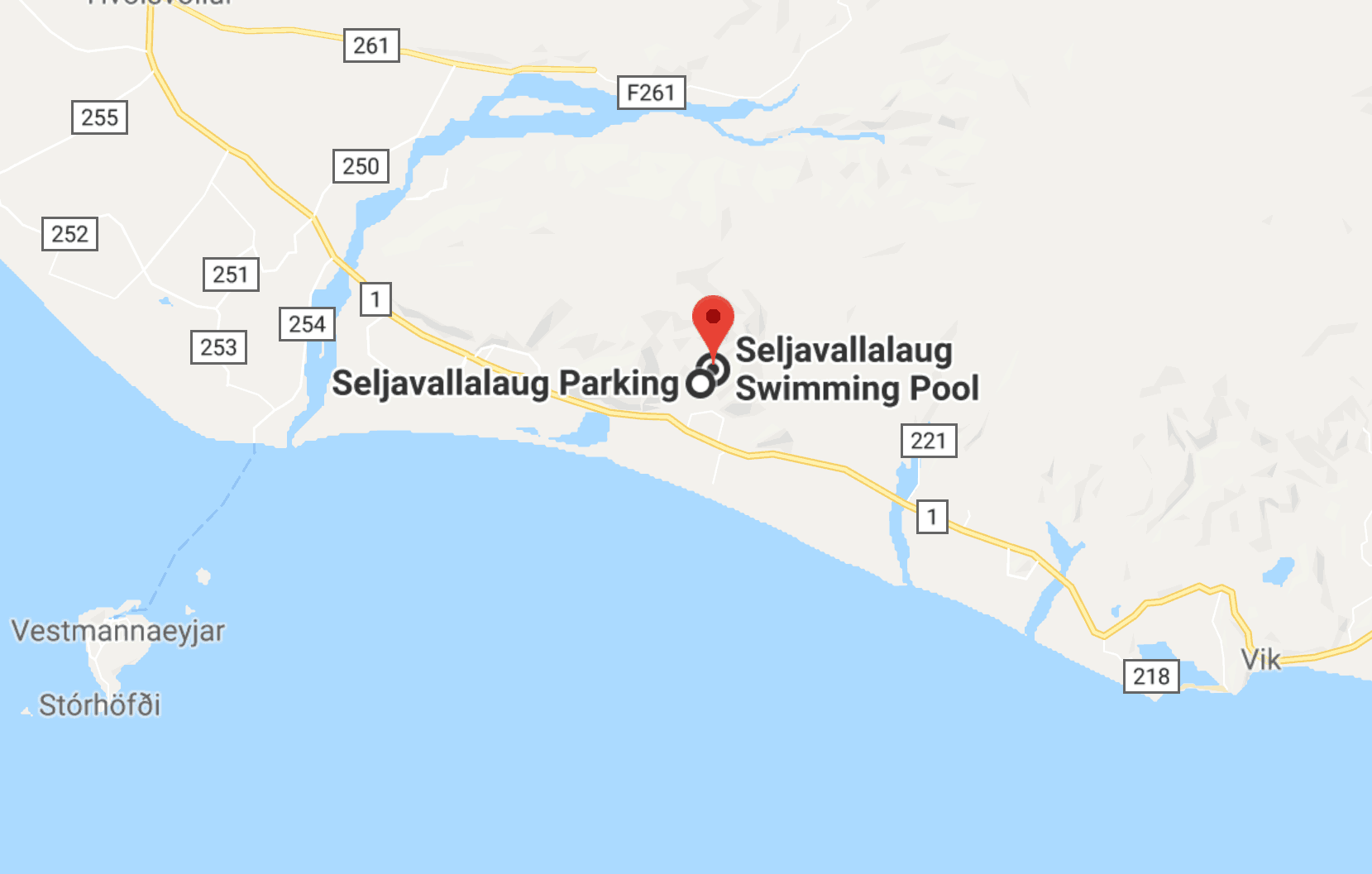 Map of Seljavallalaug pool location on Iceland's south coast