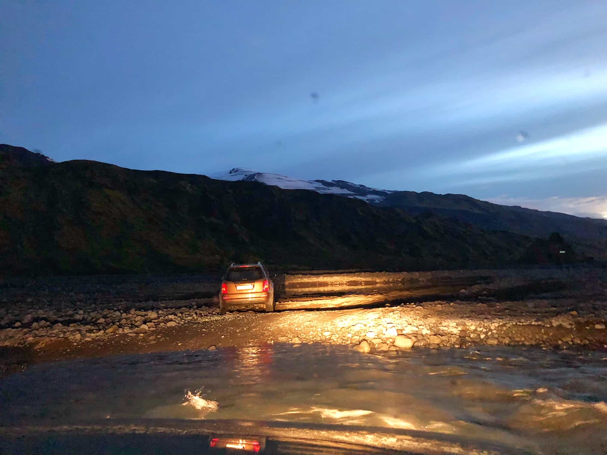 A stalled car at night in Thorsmork Iceland