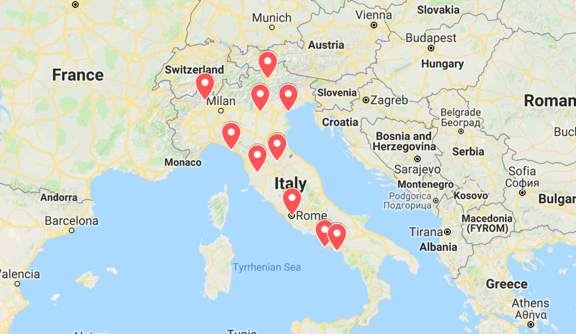 Map of the most romantic Italy honeymoon destinations 