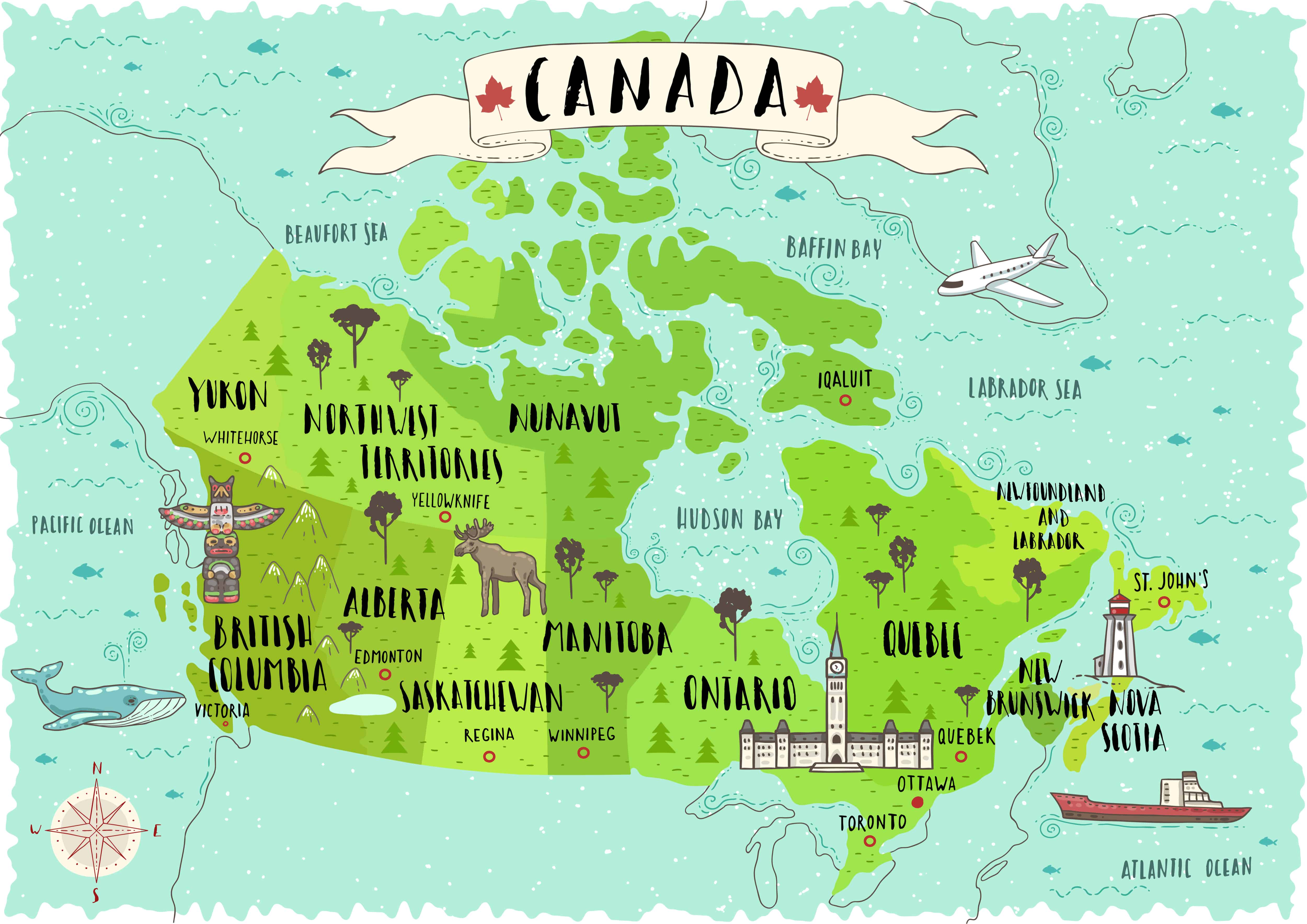 cute map of Canada which the canadian train journey follows
