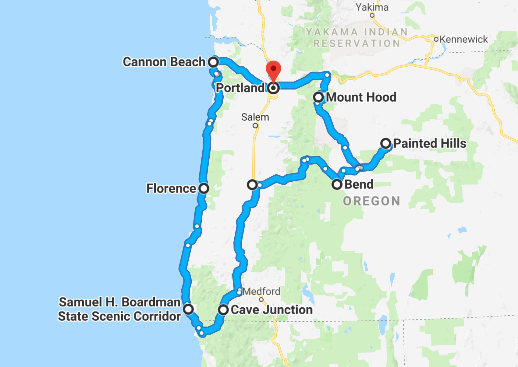 google maps screen shot of a oregon road trip map showing stops including portland, mount hood, cannon beach and more