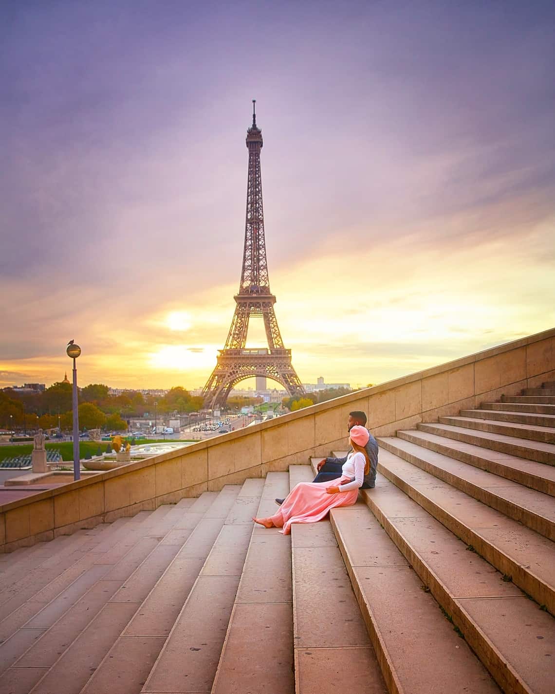 The trocadero stairs are a magical place for sunrise in Paris 