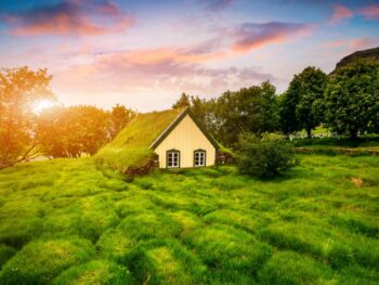 Hofskirkja Church is a pretty turf church in Iceland