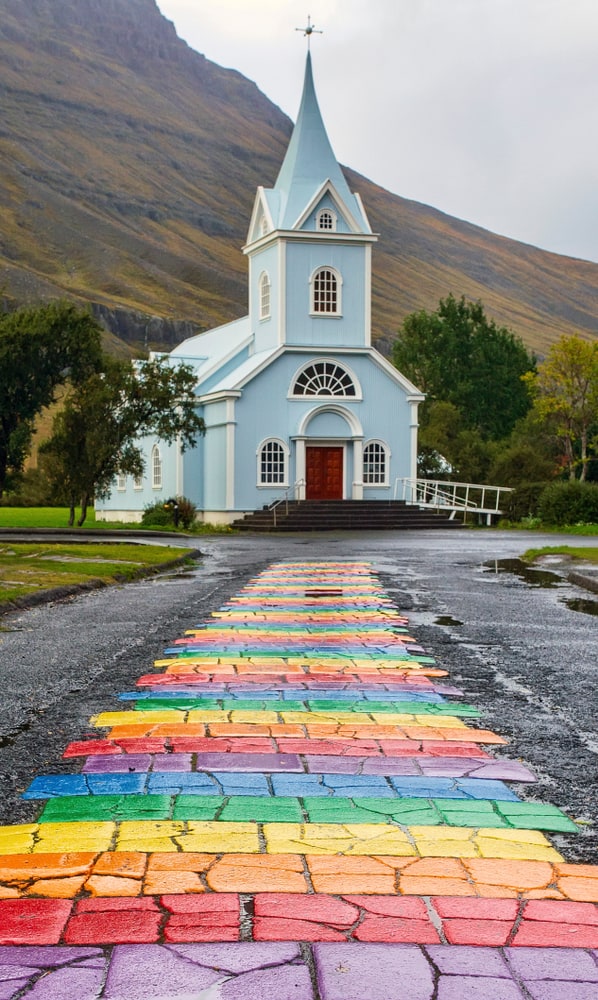 The rainbow road of Seydisfjordurkirkja Church is so unique! 