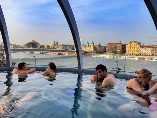 Co Ed swimming at Rudas Baths rooftop pool