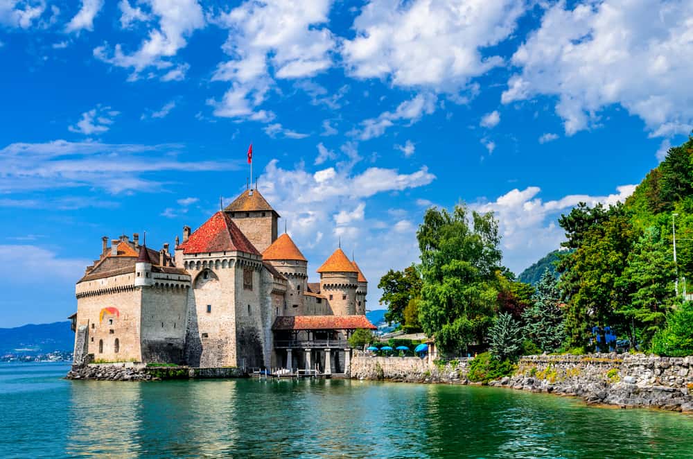 castles in Europe are often situated on important waterways like Chillon Castle