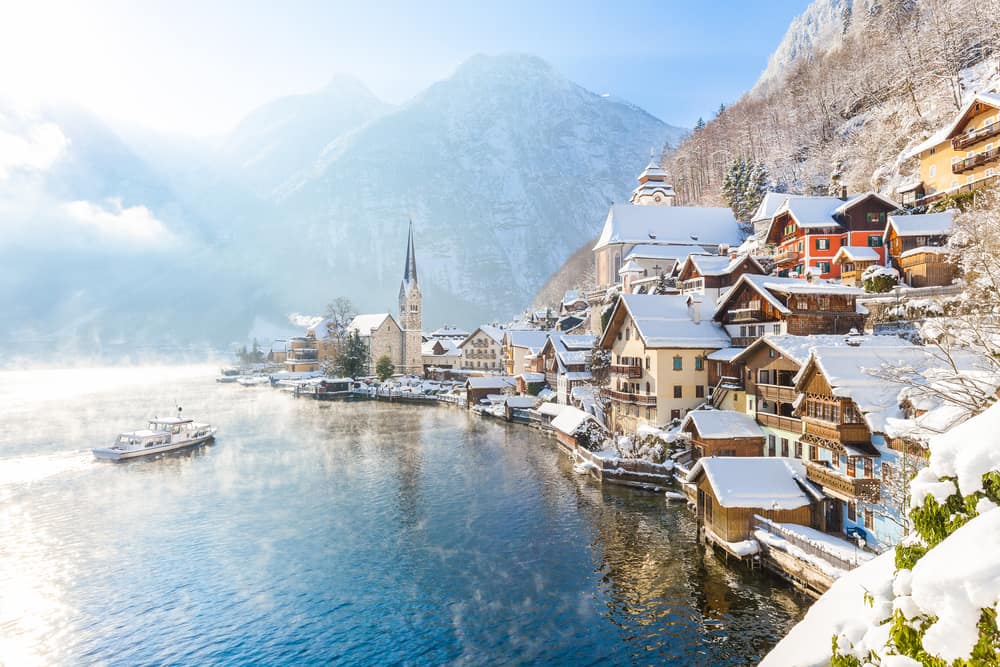 A stunning view of the lake and town of Hallstatt, one of the Christmas markets in Austria 