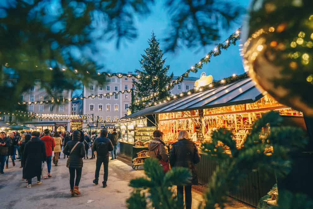 Lights and booths in Salzburg in one of the Christmas markets in Austria 