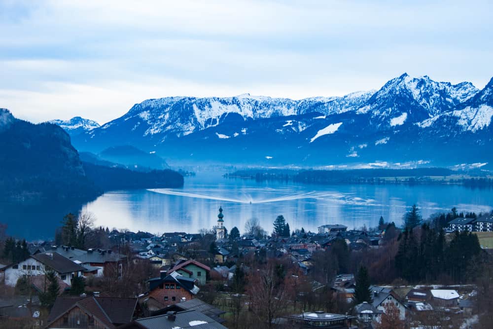 A beautiful view of the town and lake of St. Gilgen, which hosts one of the Christmas markets in Austria 