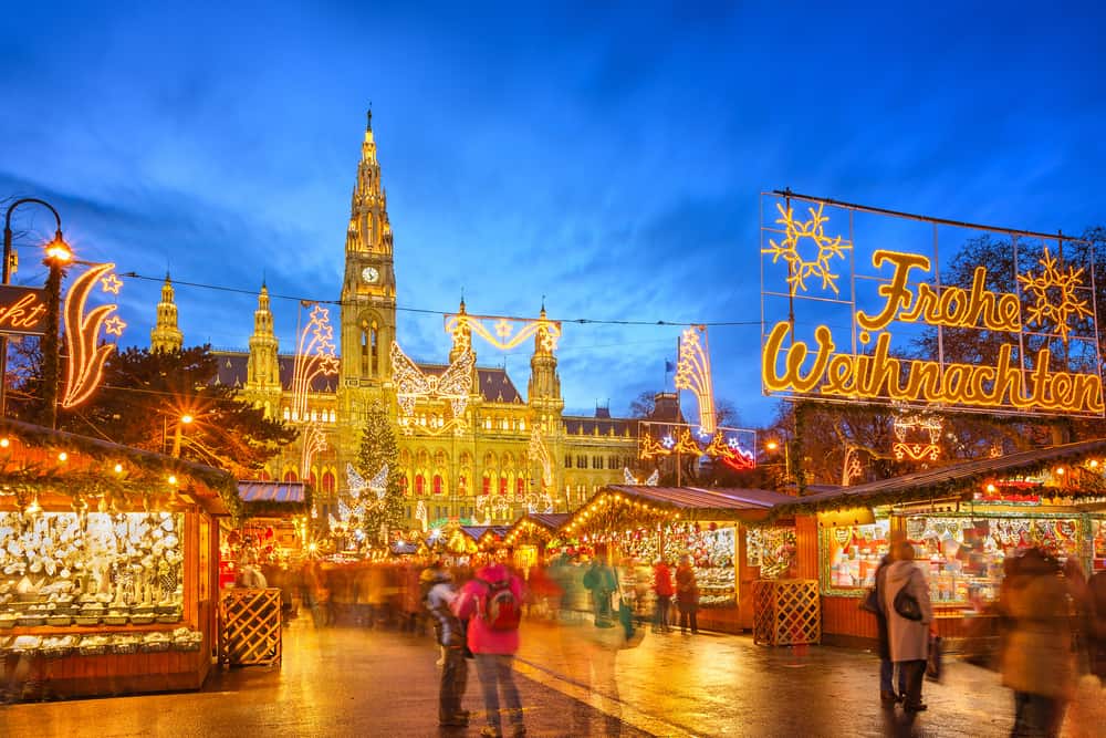 A lovely view of the Rathausplatz in Vienna, one of the Christmas markets in Austria 