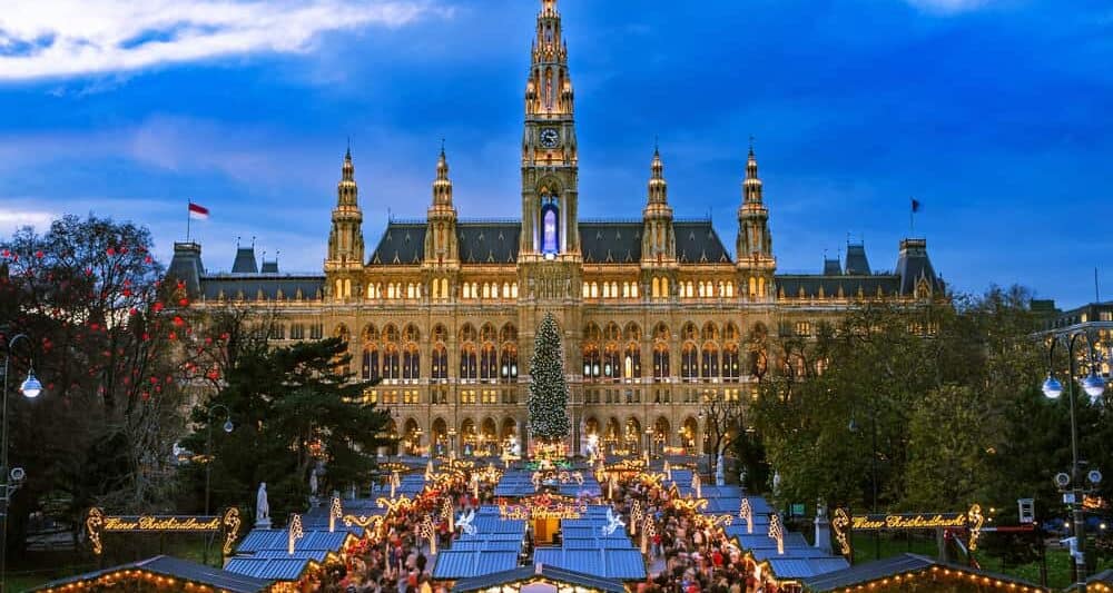 A spectacular view of Vienna and one of the Christmas markets in Austria