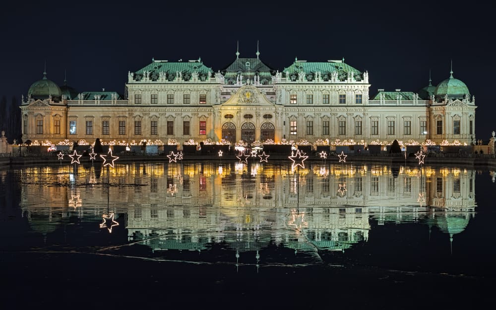 Stunning view of the lake and Belvedere Palace in Vienna, one of the Christmas markets in Austria