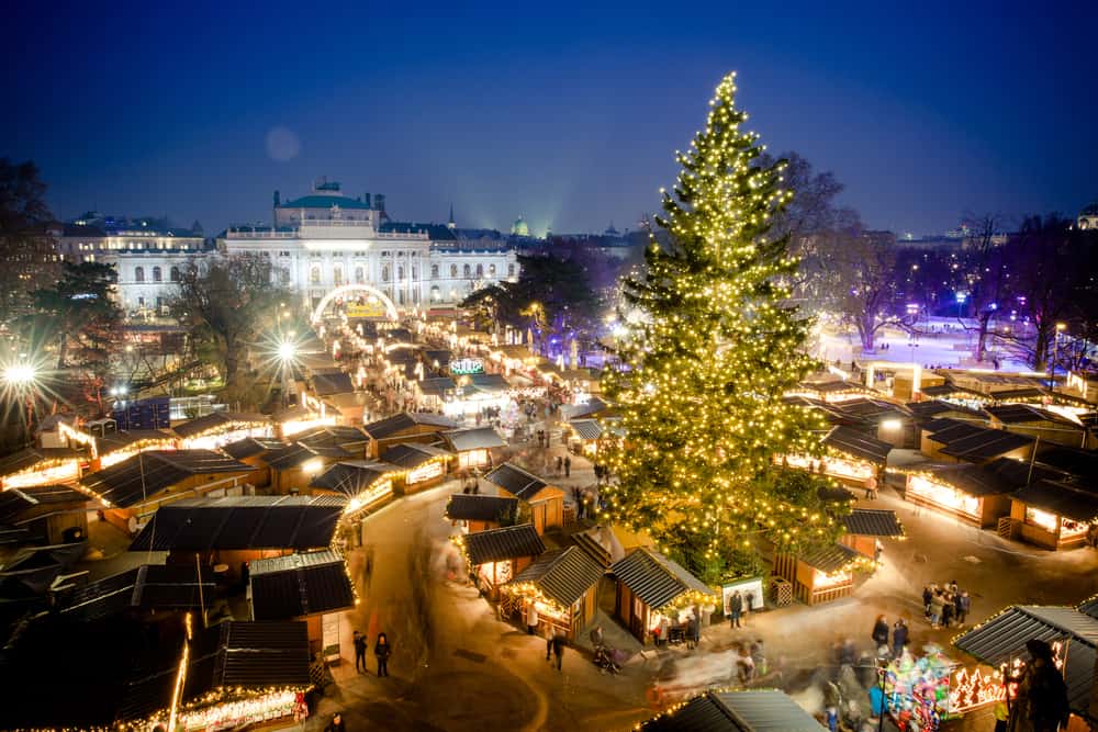 Christmas markets in Austria, a beautiful view of lights and booths in Vienna