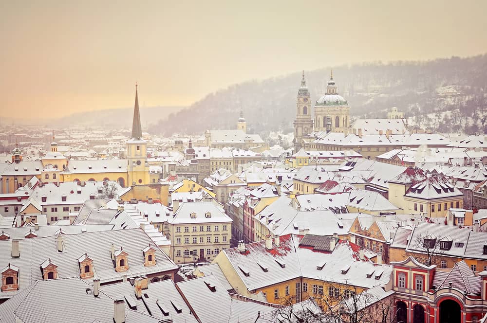 Snow on top of the buildings in the town of Bern