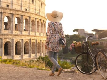 photo of woman wearing anti-theft purse she added to her Italy packing list