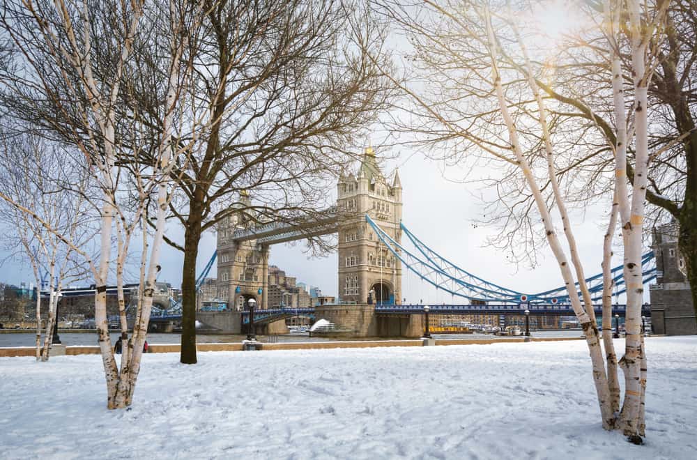 London in winter, the Tower Bridge in snow