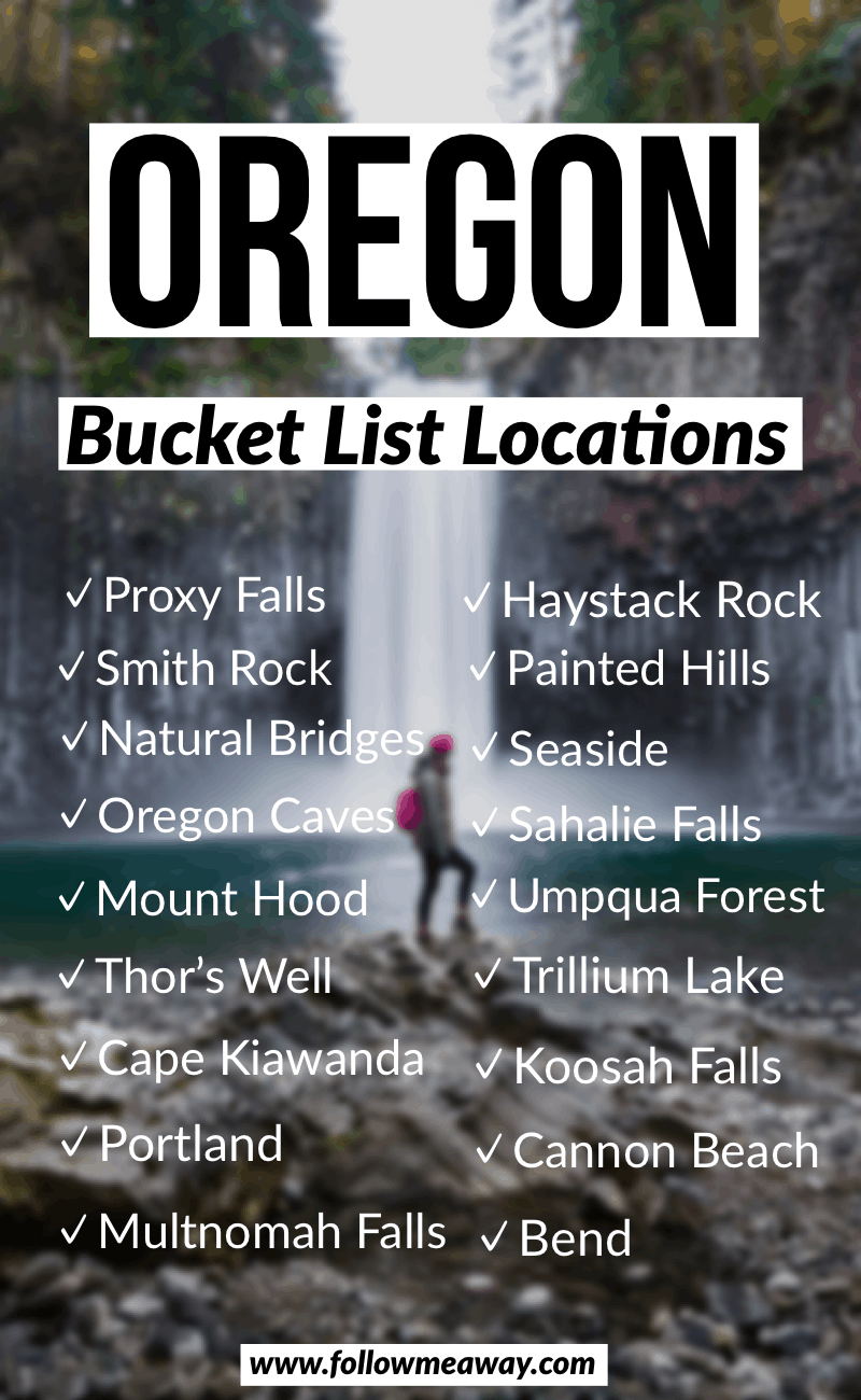 List of Oregon bucket list locations over a photo of a waterfall.