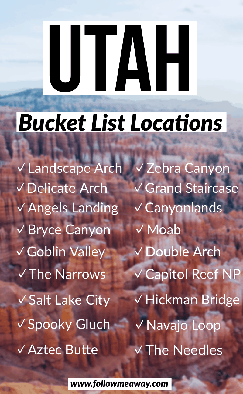 List of Utah Bucket List Locations over a photo of Bryce Canyon National Park.