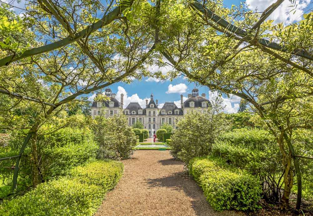 View of Chateau de Cheverny castle in France from the gardens