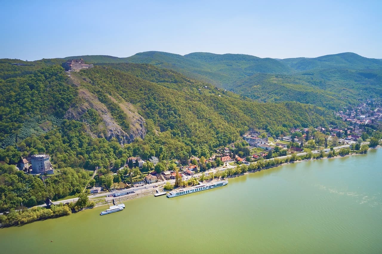 Drone view of crystal river cruises ship docked in Hungary