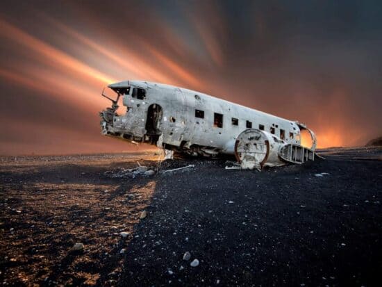 dramatic colorful skies over the Iceland plane crash