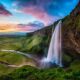 summer at Seljalandsfoss waterfall in South Iceland