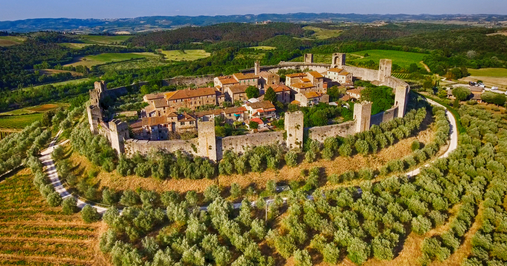 Aerial view of the walled town of Monteriggioni.