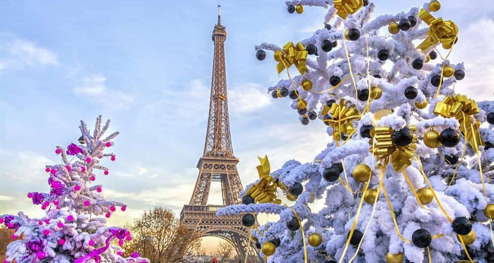 The eiffel tower all dressed for christmas in paris