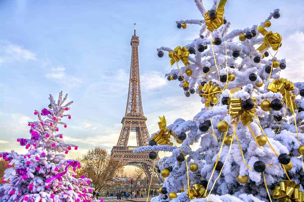 The eiffel tower all dressed for christmas in paris