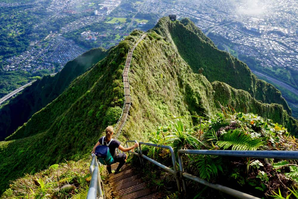 Adding waterproof shoes to your Hawaii packing list will help protect your feet during steep hikes like this one!