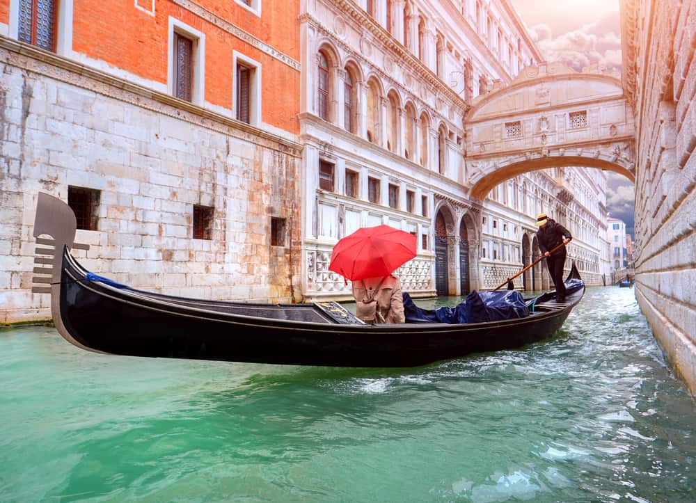 The unique Bridge of Sighs viewed from a Gondola in Venice in winter