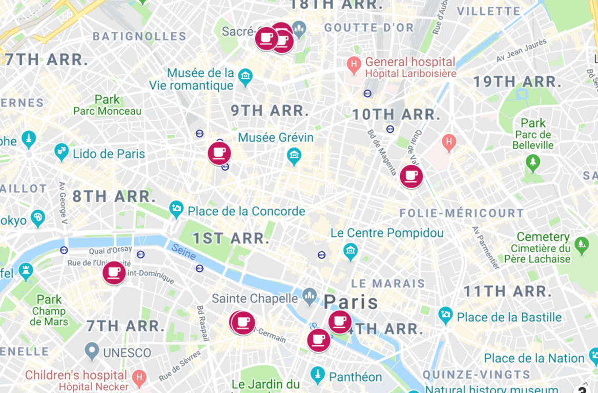 map of the best cafes in Paris with locations