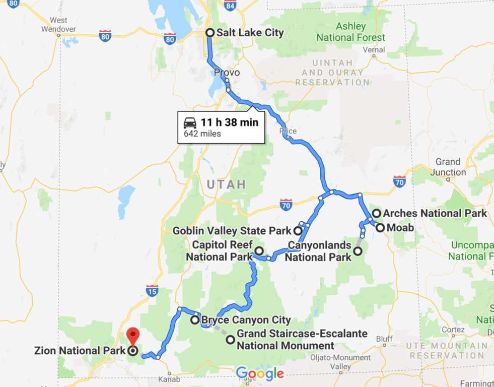 Google Maps screenshot of the Utah road trip itinerary.