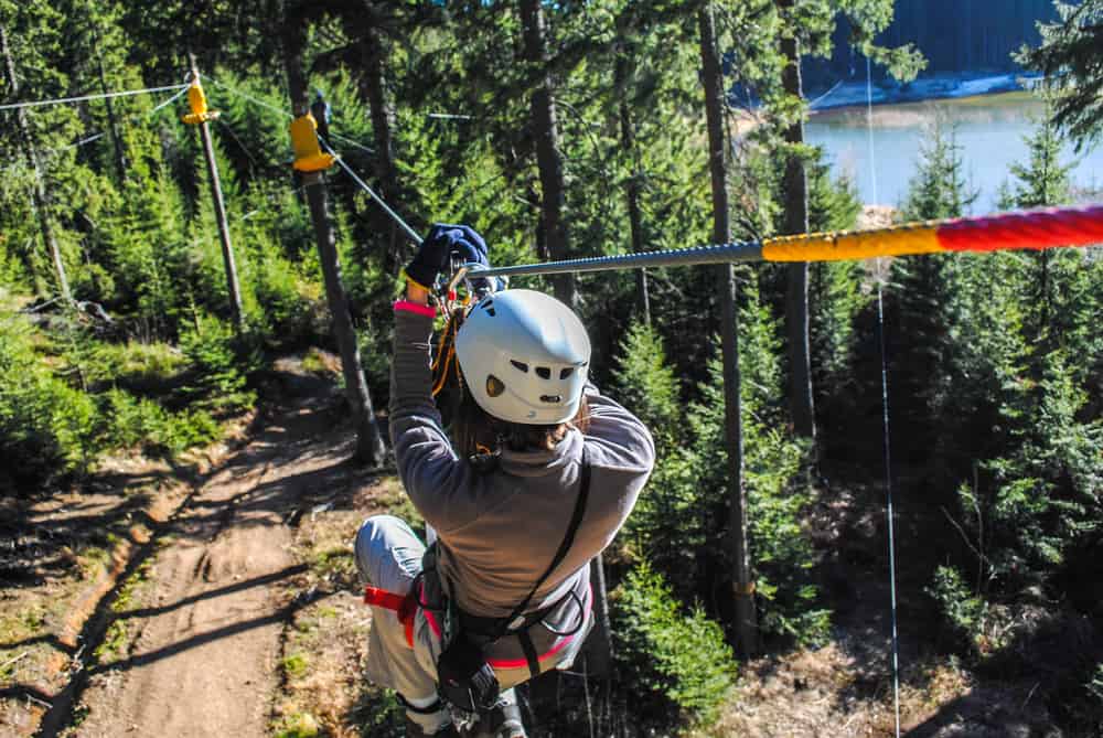 The GoPro alternative Akaso V50 is great for mounting on top of helmets and capturing wild adventures, like when zip lining!