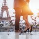 couple at sunrise on their paris honeymoon