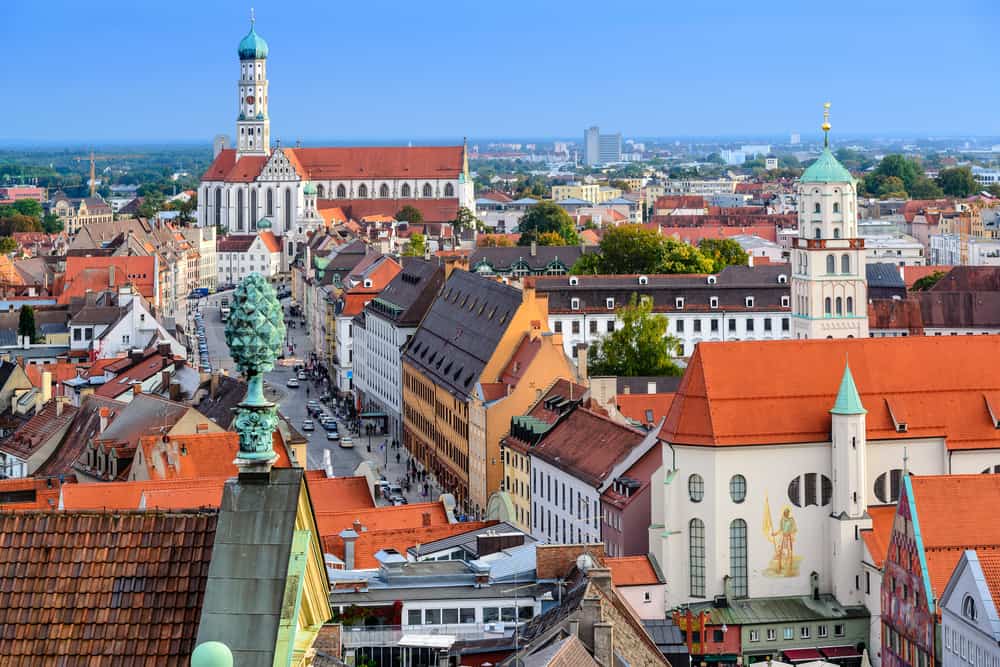 Augsburg skyline with Baroque church tower onion dome on the Romantic Road Germany