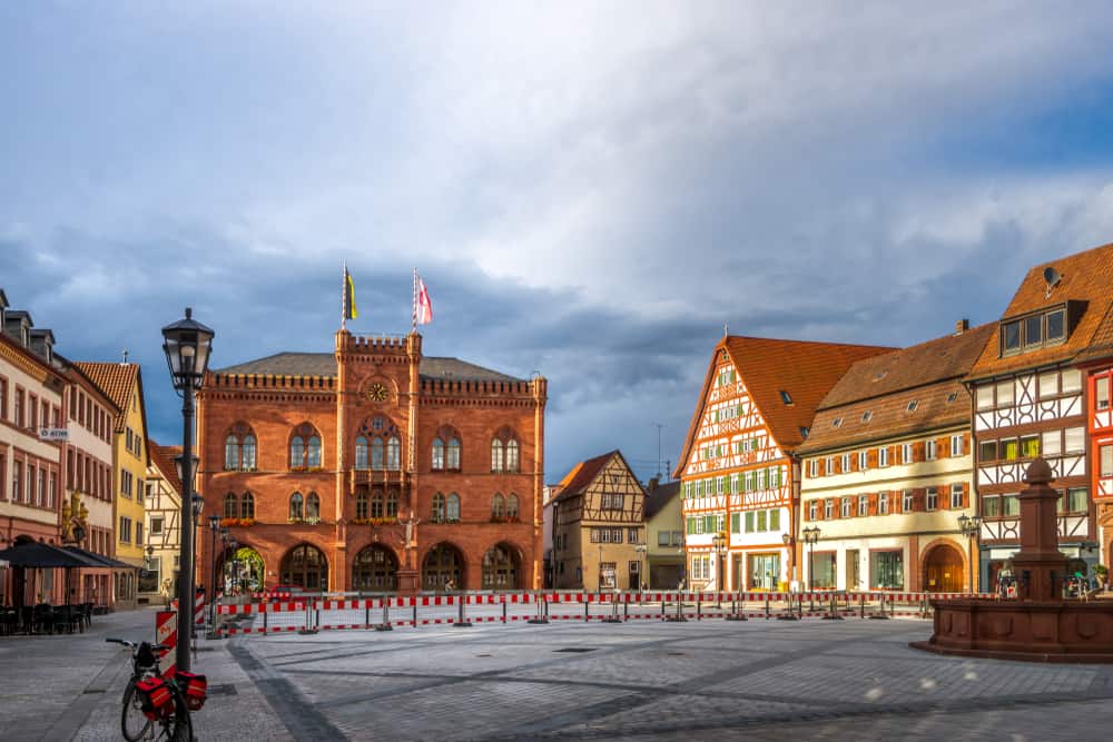 the marketplace with it's half timbered houses in Tauberbischofsheim on the Romantic Road Germany