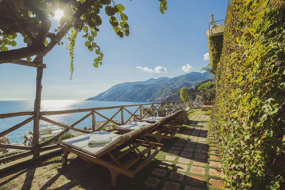 A lovely balcony with a sea-view at Hotel Botanico San Lazzaro. It's where to stay on the Amalfi Coast!